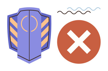 Purple shield with protective design, orange cross inside red circle indicating error or rejection, wavy lines. Ideal for cybersecurity, error handling, data protection, rejection, blocking, warning