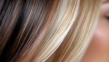 Fototapeta premium Close-up macro shot of blonde and brown hair highlights showing natural color transition and professional hair coloring technique for beauty salon advertising.