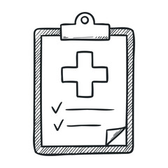 Fototapeta premium Medical clipboard with checklist and cross icon in black and white sketch style. Hand drawn vector illustration