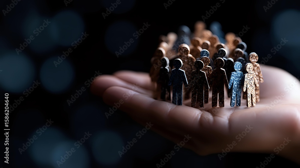 Poster small wooden figures standing in group formation on open palm against dark background with bokeh lig