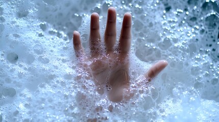 Fototapeta premium Human hand pressing against frosted glass surface with condensation and water droplets creating atmospheric moody effect. Suitable for concepts of isolation, winter, cold.