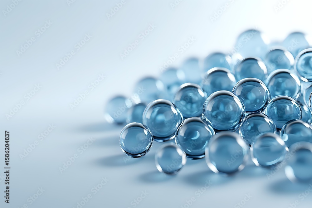 Poster transparent blue glass spheres or marbles arranged in rows on light background with soft focus and s