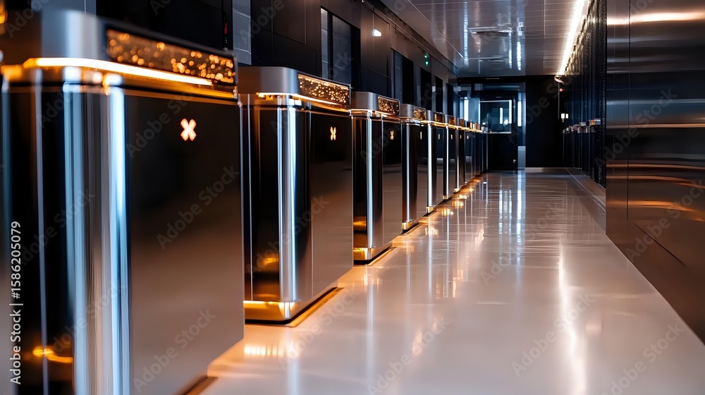 Poster modern data center corridor with illuminated server racks and reflective floor creating dramatic per