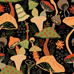 Autumn mushroom seamless pattern on the black background. Cute fly agaric, fall leaves, flowers, fantastic Halloween seasonal design, wallpaper, background, vector funny print, textile, wrap paper.