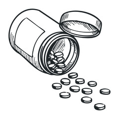Hand-drawn sketch of a medicine bottle with tablets spilling out. Hand drawn vector illustration