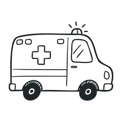 Ambulance doodle with siren and cross symbol. Hand drawn vector illustration