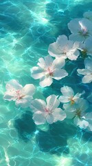 Flowers Floating in Blue Lake Water