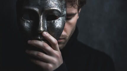 a man holding a smiling theatrical mask away from his face, revealing deep sadness and exhaustion underneath, dark moody background, emotional conceptual art 
