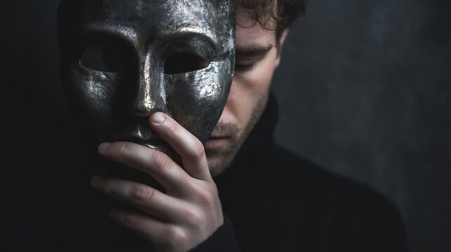 a man holding a smiling theatrical mask away from his face, revealing deep sadness and exhaustion underneath, dark moody background, emotional conceptual art 