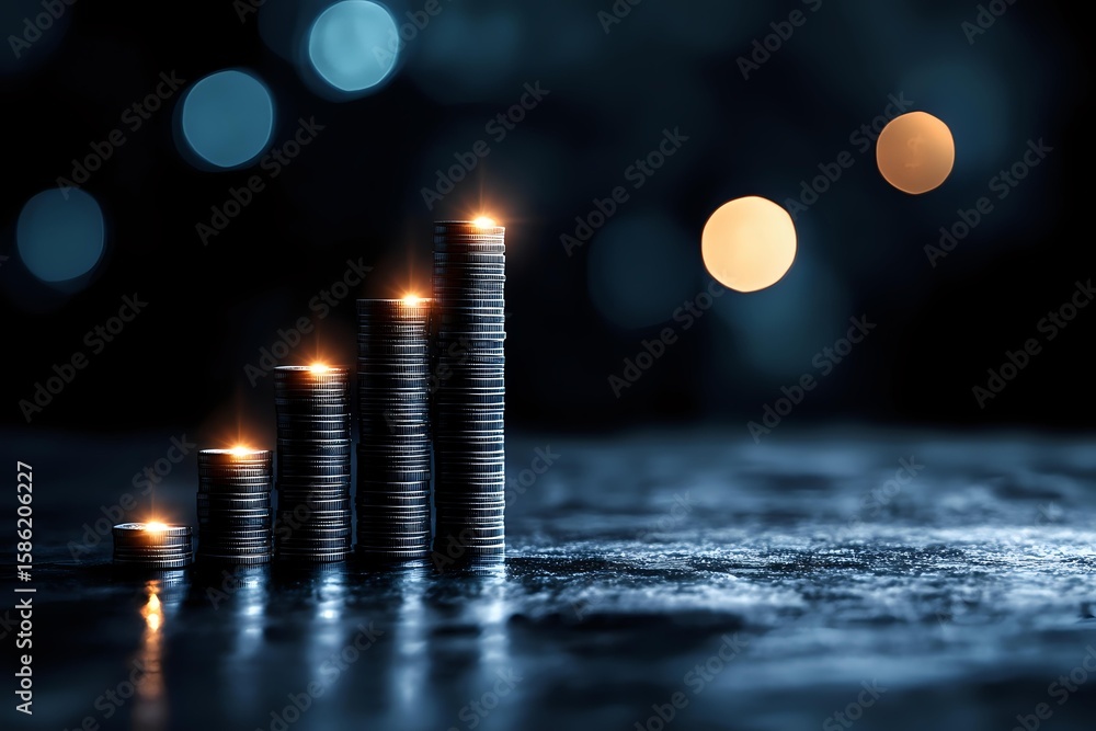 Poster stacks of coins arranged in ascending order with glowing edges against dark background, creating fin