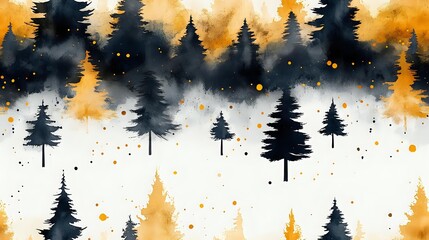 Misty forest silhouettes against golden watercolor sky background with black pine trees and splatter texture, creating moody autumn landscape panorama.