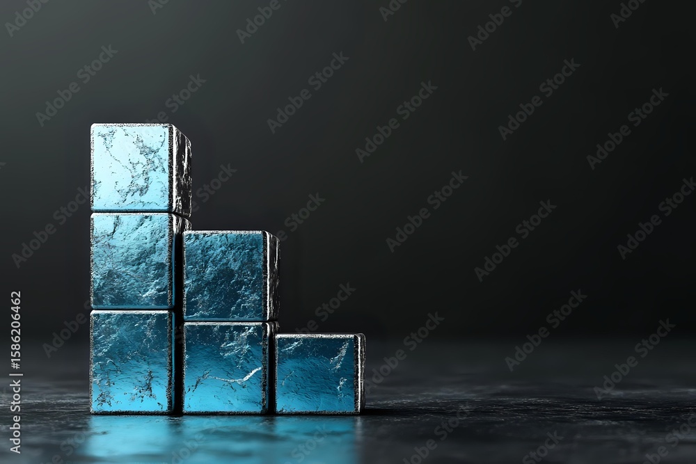 Aufkleber glowing blue crystal blocks arranged in ascending steps on dark background with dramatic lighting an