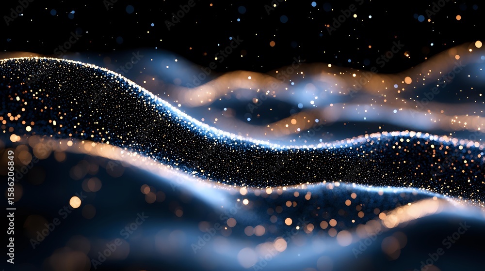 Poster glowing waves of sparkling particles flow against dark background creating magical abstract pattern 