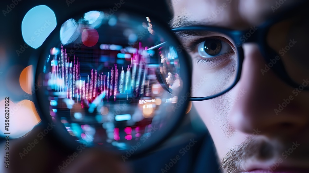 Poster close-up view through magnifying glass showing financial market data charts and graphs with blurred 