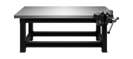 Customizable modular workbench with a corner vise for a versatile workshop setup.