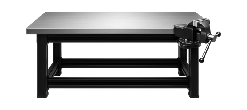 Customizable modular workbench with a corner vise for a versatile workshop setup.