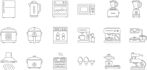 Vector art of a collection of kitchen appliances, including a refrigerator, kettle, oven, microwave, blender, rice cooker, and coffee maker isolated on white background