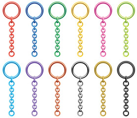 シンプルでカラフルなチェーン付きリングキーホルダーのベクター素材イラストセット(Simple and Colorful Ring Keychain with Chain Vector Illustration Set)
