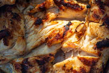 Pork chops, steak, sausages on barbecue grill