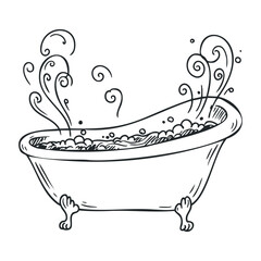Vintage bathtub with clawfoot design and bubbling water in classic line art style. Hand drawn vector illustration