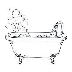 Vintage clawfoot bathtub with steaming water illustration for relaxation concepts. Hand drawn vector illustration
