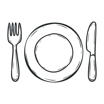 Simple line drawing of plate with knife and fork on white background. Hand drawn vector illustration