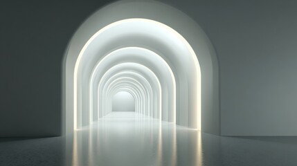 Modern minimalist white arched tunnel with illuminated layered concentric arches that creates futuristic ambiance and sense of depth in interior design.
