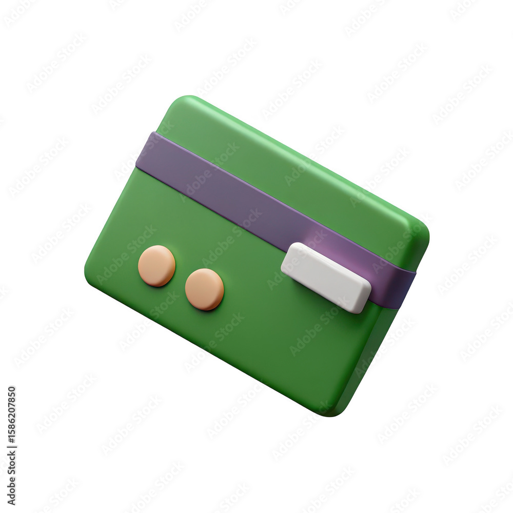 Poster a 3d rendered green credit card with a purple stripe and two circular buttons isolated on transparen