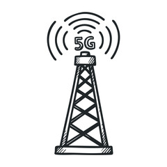 Hand-drawn 5g network tower with signal waves and wireless connectivity. Hand drawn vector illustration