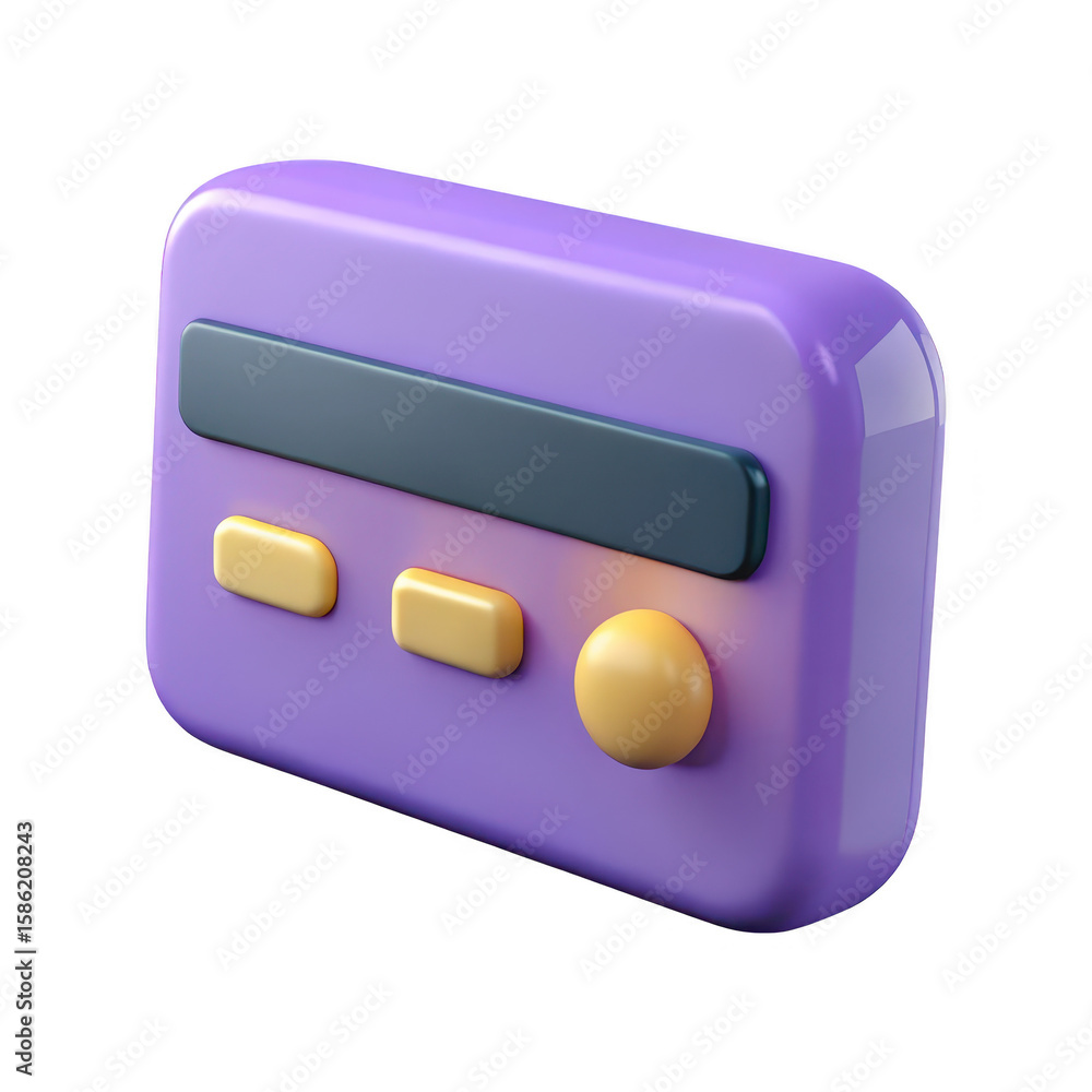 Poster a 3d rendering of a retro purple portable music player with yellow buttons and a dark gray screen is
