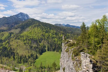 A scenic view shows a mountain range covered in forests and a patch of green land in Zakopane - Lesser Poland - Poland