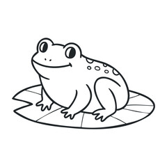 Cartoon frog sitting on lily pad outline. Hand drawn vector illustration