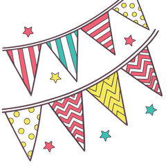 Obraz premium Two lines of cheerful bunting flags adorned with patterned triangles and scattered stars create a festive mood