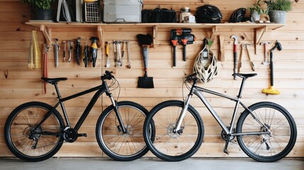 Sports equipment and cleaning tools fill a garage with bicycles and shelves creating an organized space for outdoor activities and maintenance tasks