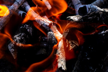 Burning wood and fire flames. Empty hot charcoal barbecue grill with bright flame