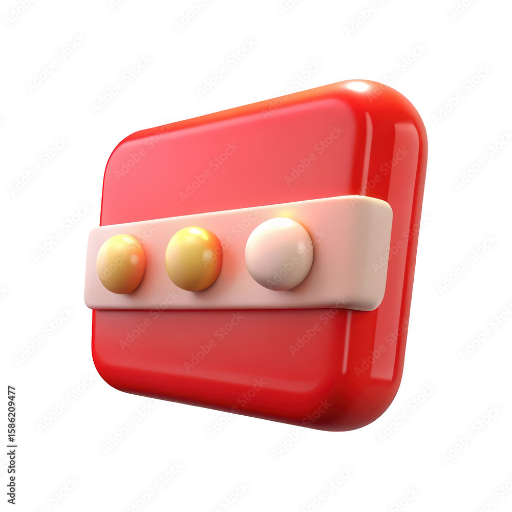 Poster shiny red rectangular object with three spheres on a light band isolated on transparent background