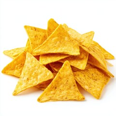 Pile of yellow tortilla chips isolated on white background