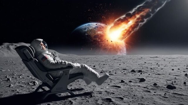 Astronaut relaxing on the moon, observing an asteroid collision with Earth, symbolizing cosmic events, space exploration, and existential contemplation.