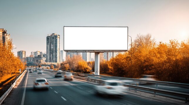 Modern empty billboard on highway with cityscape and autumn trees in background. - Powered by Adobe
