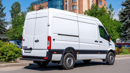 White delivery van parked on the street in front of a modern office building on a sunny day with a clear sky and greenery around