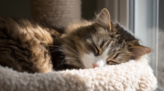Adorable tabby cat sleeping peacefully on soft blanket near sunny window in cozy home. - Powered by Adobe