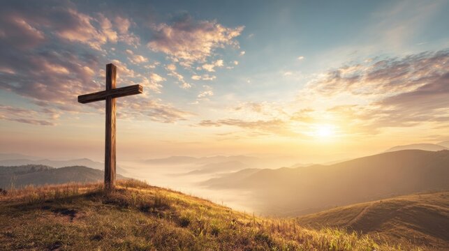 Scenic landscape with wooden cross overlooking mountains during sunrise or sunset with clouds. - Powered by Adobe