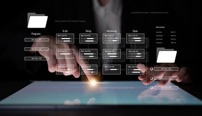 Project management system showing workflow stages, task progress, and review status. Task progress...
