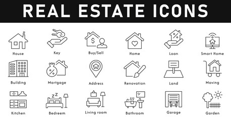 Real Estate house Icons vector illustration with thin line editable stroke containing key, buy/sell, loan, smart home, building, mortgage, address, renovation, land, kitchen, bedroom, living room