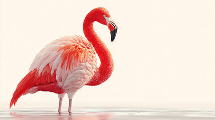 Fototapeta premium A pink flamingo stands on a body of water, turning its head to the side
