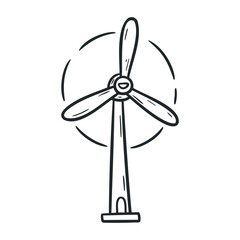 Simple line drawing of wind turbine with blades and rotating motion effect. Hand drawn vector illustration