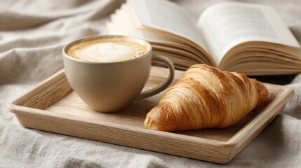 Cozy breakfast scene with coffee croissant and open book on soft fabric background.