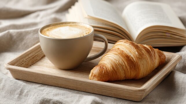 Cozy breakfast scene with coffee croissant and open book on soft fabric background.