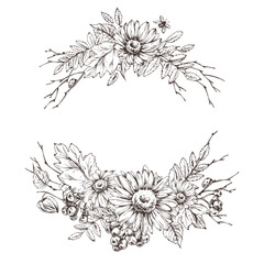 Wreath floral composition with autumn leaves, berries and wild flowers, made in the technique of linear graphics. Ideal for decorating seasonal invitations, headings or eco-packaging design.