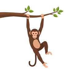Cartoon monkey hanging from a tree branch, simple illustration. © Disma